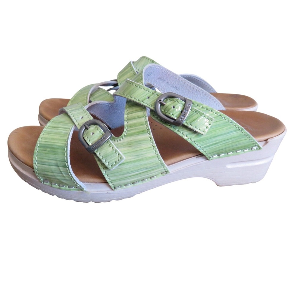 Dansko Margot Striped Azure Green Leather Buckle Slide Sandals 40 434-601400